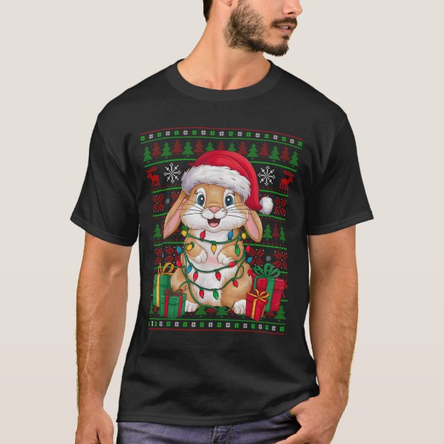 Camiseta Rabbit Bunny Xmas Lights Ugly Santa Hat Bunny Chri (Frente)