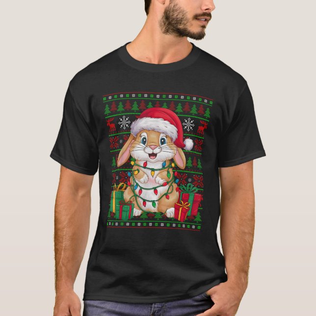 Camiseta Rabbit Bunny Xmas Luz Feia Santa Hat Bunny Chri (Frente)
