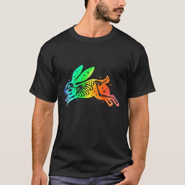 Camiseta Rabbit Hare Skeleton Pulando Colorido Lin Esotéric (Frente)
