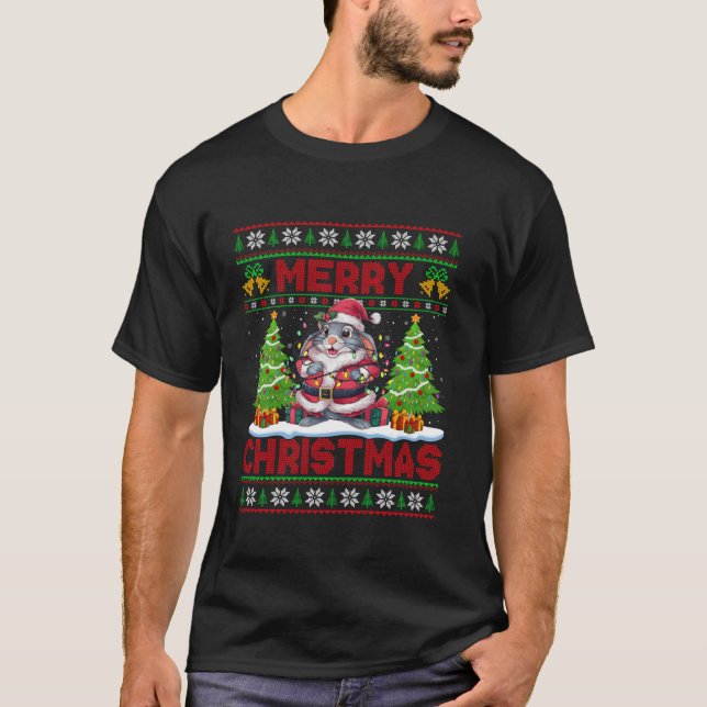 Camiseta Rabbit Xmas Tree Luzes Feias Papais noeis Rabbit C (Frente)