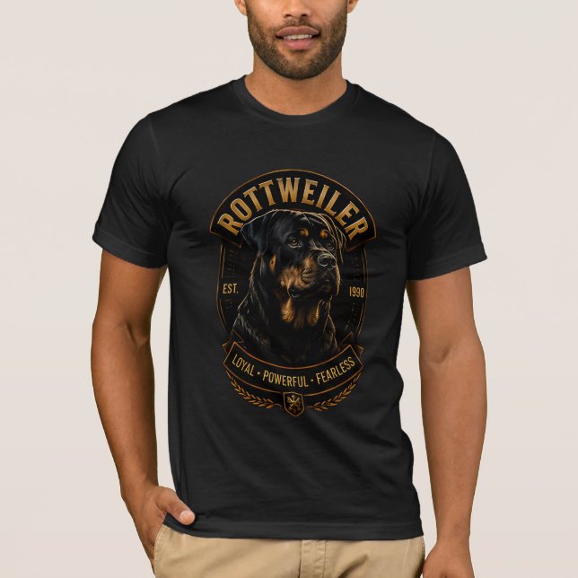 Camiseta Raça de Cachorro Leal Poderoso Destemido Rottweile (Frente)