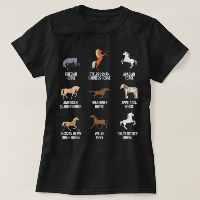 Camiseta Raças de Cavalos Equitação Cavaleiro de Cavalos Co (Frente do Design)