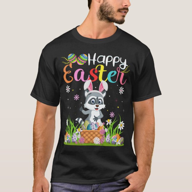 Camiseta Raccoon Bunny Egg Caçando Funny Raccoon Happy East (Frente)