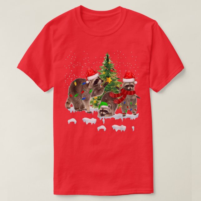 Camiseta Raccoon Christmas Tree Lights Pajama Racoon Lover  (Frente do Design)