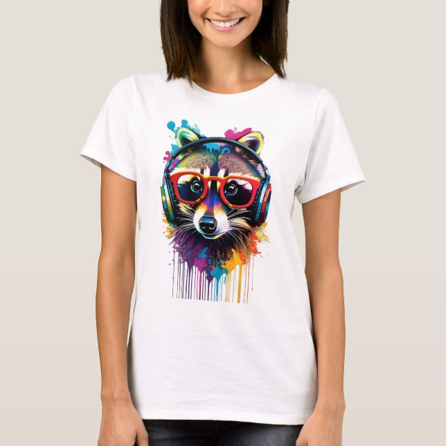 Camiseta Raccoon em fones de ouvido e óculos (Frente)