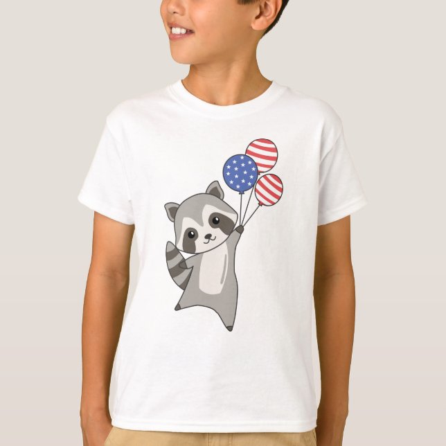Camiseta Raccoon Flies Balloons Usa Cute Animals Raccoons (Frente)