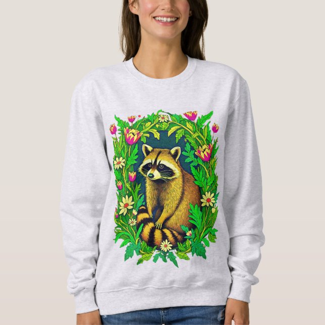 Camiseta Raccoon no Meio do Jardim de Flor Selvagem (Frente)