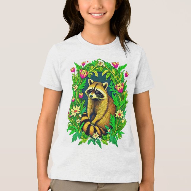 Camiseta Raccoon no Meio do Jardim de Flor Selvagem (Frente)