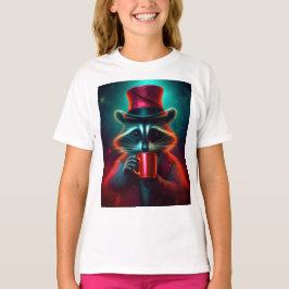 Camiseta Raccoon Vestido Em Um Café De Bebendo Vermelho