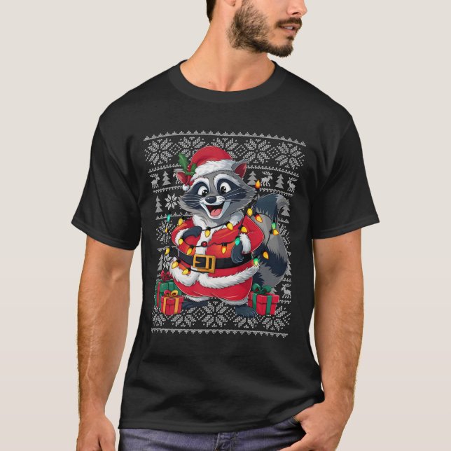Camiseta Raccoon Xmas Sweater Style Feia Papai noel Raccoon (Frente)
