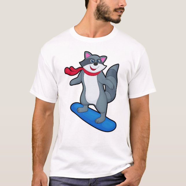 Camiseta Racoon como Snowboarder com Snowboard e Scarf (Frente)