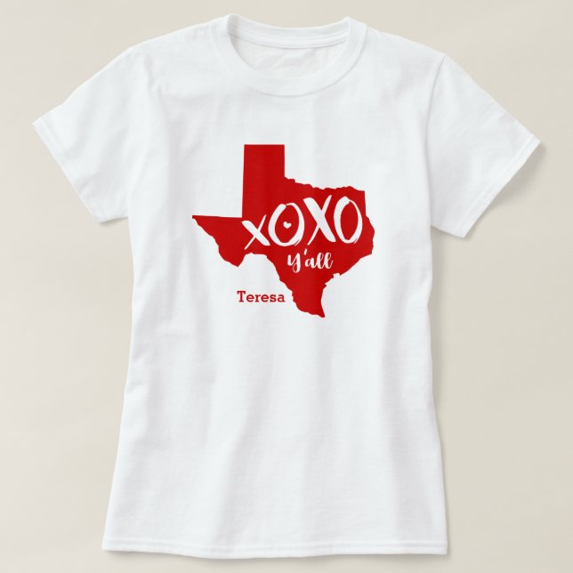Camiseta Raider Red XOXO, Y'all - Forma do Estado do Texas (Frente do Design)