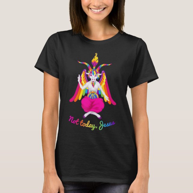 Camiseta Rainbow Baphomet Não Hoje Jesus Kawaii Satã (Frente)