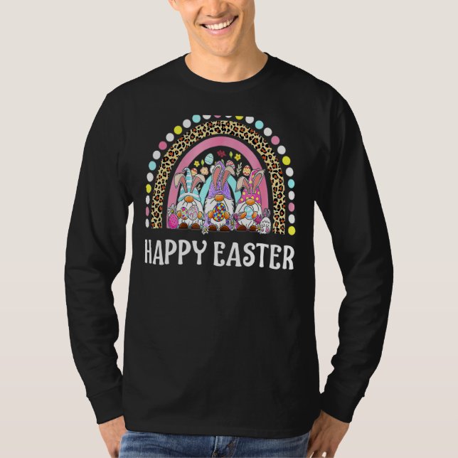 Camiseta Rainbow Bunny Gnome Rabbit Ovos caçando Feliz Orie (Frente)
