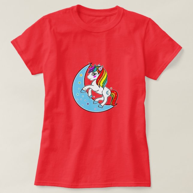 Camiseta Rainbow Celestial Blue Moon & Stars Unicorn (Frente do Design)