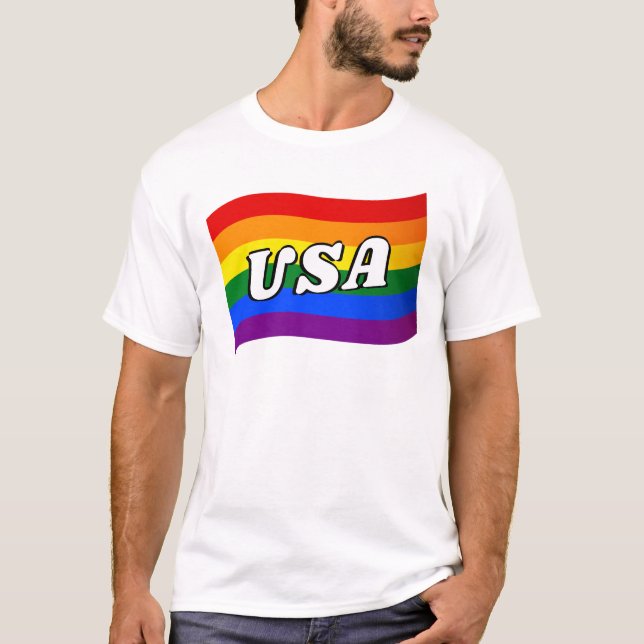 Camiseta Rainbow Flag EUA Orgulho gay LGBT LGBTQ (Frente)