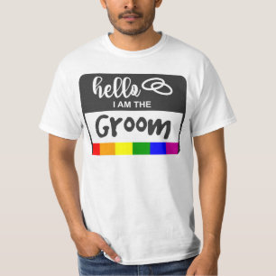 Camiseta Rainbow Flag Wedding Hello Name Crachá for Groom