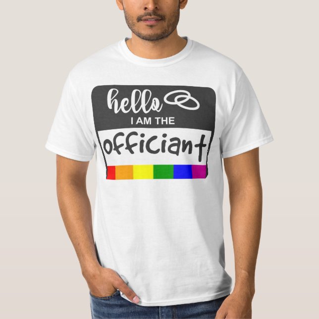 Camiseta Rainbow Flag Wedding Hello Name Crachá Oficiente (Frente)