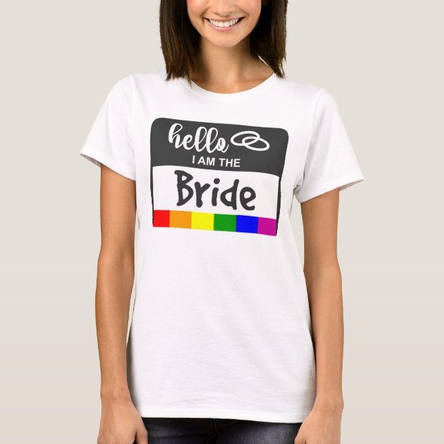 Camiseta Rainbow Flag Wedding Hello Name Crachá para Noiva (Frente)