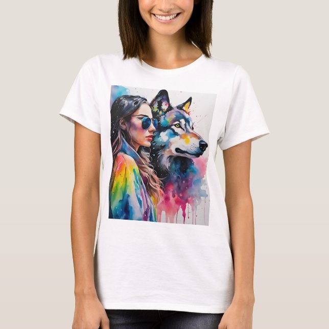 Camiseta Rainbow Girl com lobo (Frente)