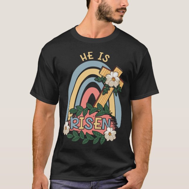 Camiseta Rainbow He Risen Religous Easter Sunday Christ Cro (Frente)