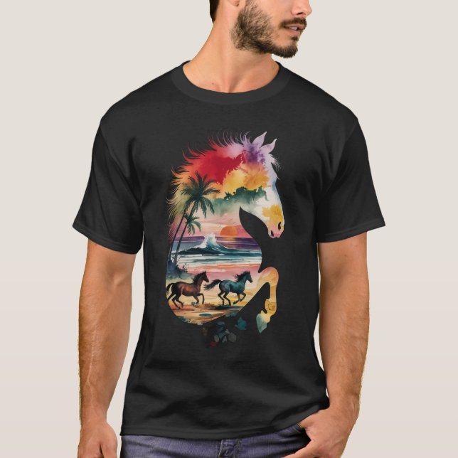 Camiseta Rainbow Horse Silhoule Tropical Sunset Beach (Frente)