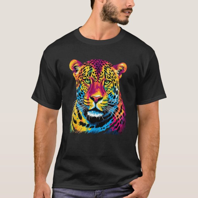Camiseta Rainbow Jaguar Big Cat Lover Print Graphic Abstrac (Frente)
