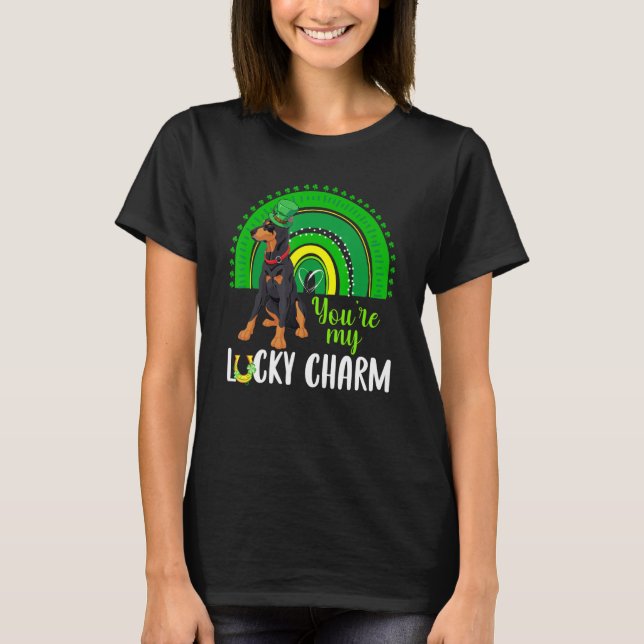 Camiseta Rainbow Lucky Charm Doberman Dog Lover St Patricks (Frente)