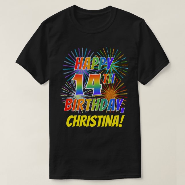 Camiseta Rainbow Parece FELIZ 14 ANIVERSÁRIO; Fireworks + N (Frente do Design)
