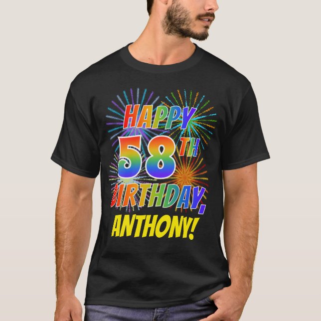 Camiseta Rainbow Parece FELIZ 58º ANIVERSÁRIO; Fireworks +  (Frente)