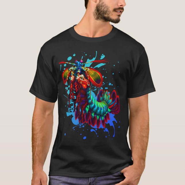 Camiseta Rainbow Peacock Mantis Shrimp Blue Splash (Frente)