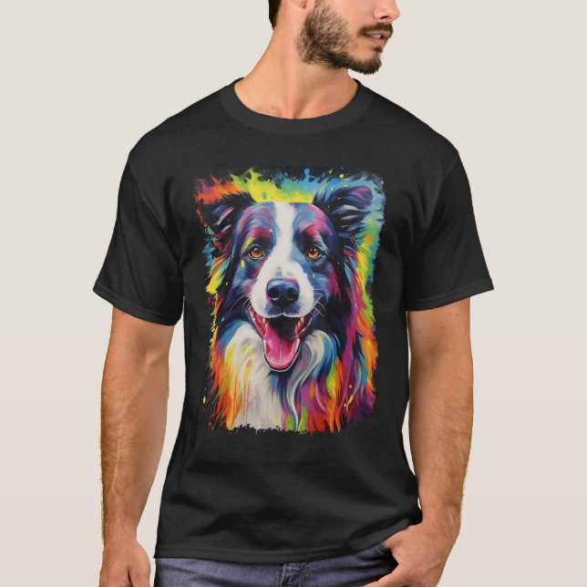 Camiseta Rainbow Pop Art Dog Border (Frente)