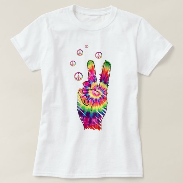 Camiseta Rainbow Retro Tie Dye Psychedelic Sinal de Paz (Frente do Design)