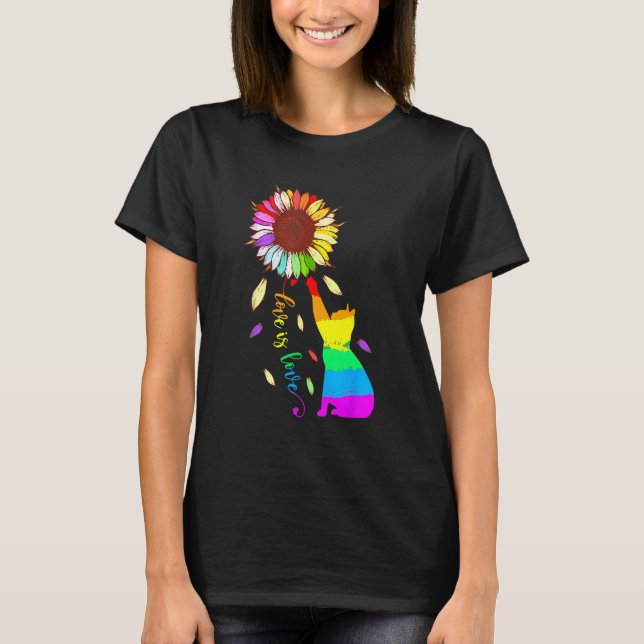 Camiseta Rainbow Sunflower Cat Love Is Love LGBT Gay Lesbia (Frente)