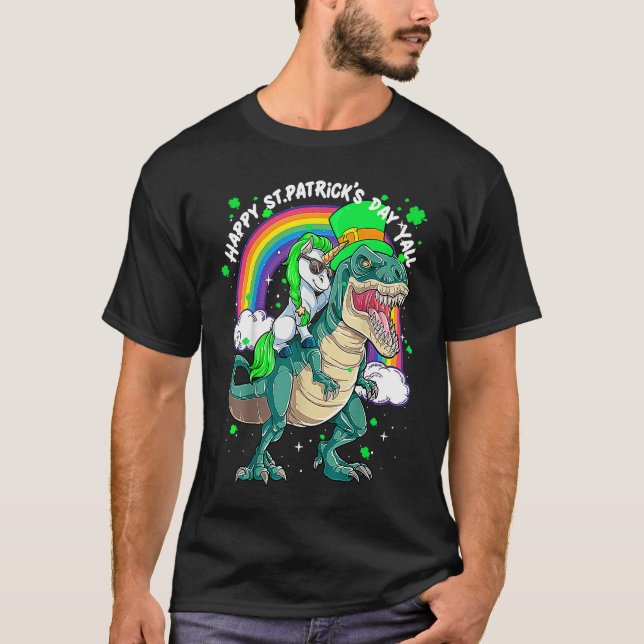 Camiseta Rainbow Unicorn Riding rex Dinosaur happy St patri (Frente)