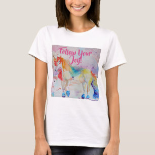 Camiseta Rainbow Unicorn Watercolor Pink Womens T Shirt