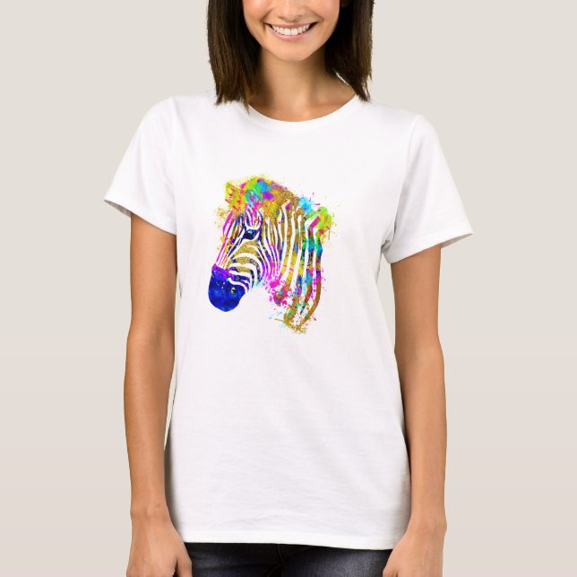 Camiseta Rainbow Watercolor Paint Splatter Zebra Graphic (Frente)