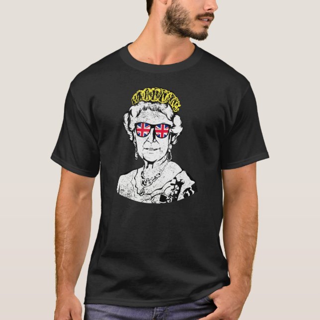 Camiseta Rainha Britânica dos Óculos Coroa União Jack Meme (Frente)