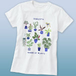 Camiseta Rainha das Plantas Personalizadas<br><div class="desc">Perfeito para qualquer um com dedos ou polegares verdes, esta design personalizada Rainha das Plantas apresenta um padrão doméstico divertido, com cactos coloridos, suculentos e outras plantas em potes de plantas azuis marinhos e cobaltas. Ideal para qualquer jardineiro ou planta. Altere o nome e o texto para personalizar. Arte original...</div>