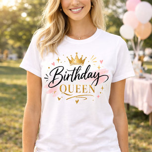 Camiseta Rainha de Aniversário Elegante com Coroa de Ouro