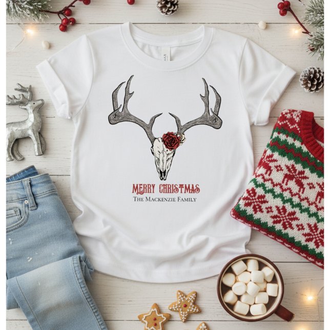 Camiseta Raio-Cérebro de Rena Rústica (Cute Country Christmas Kids T-Shirt for Her. Merry Christmas Floral Reindeer Skull & Antlers. Roses.)