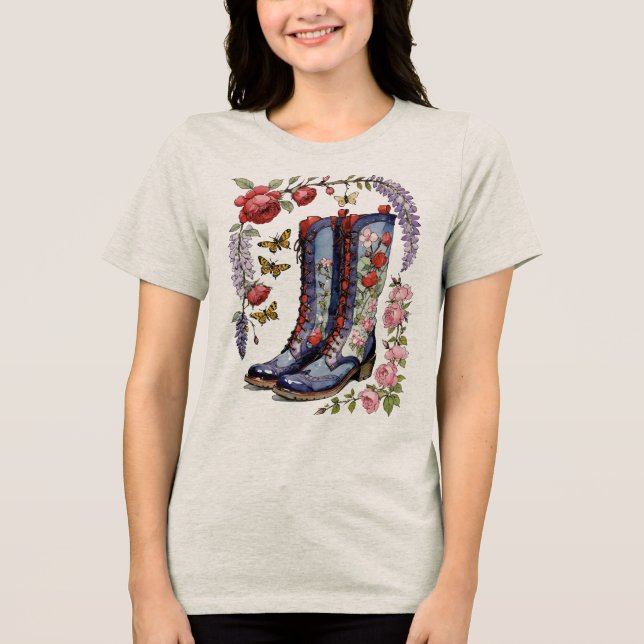 Camiseta Raízes Altas com Rosas Lilases e Borboletas (Frente)