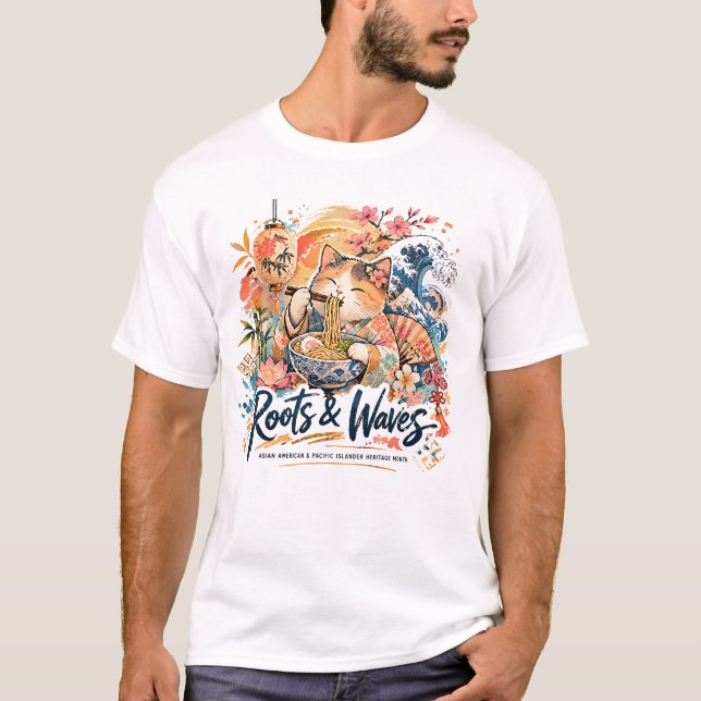 Camiseta Raízes & Ondas Gato Design de Colagem AAPI (Frente)