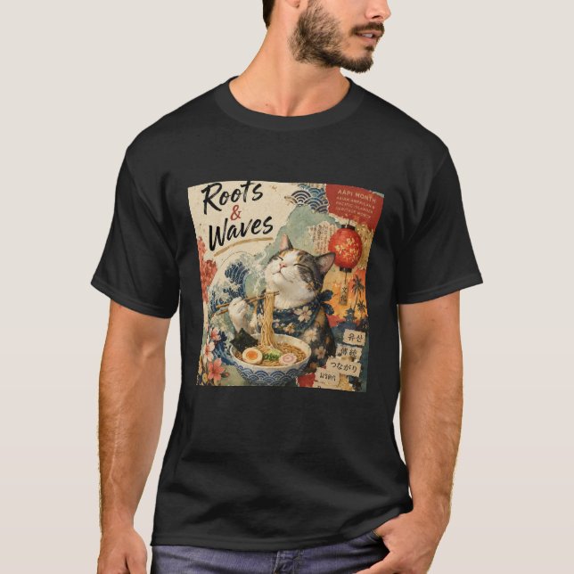 Camiseta Raízes & Ondas Gato Projeto de Colagem AAPI (Frente)
