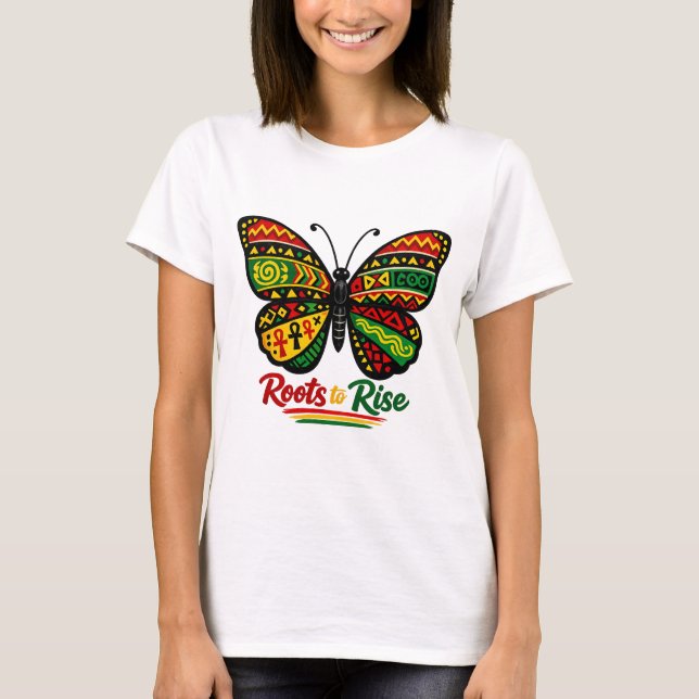 Camiseta Raízes para Subir Borboleta História Negra Afrocen (Frente)