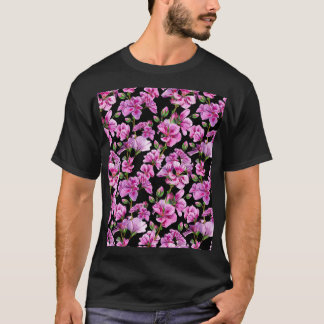 Camiseta Ramais de gerânio, bordos cor-de-água rosa.