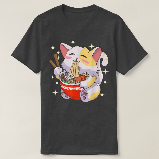 Camiseta Ramen Cat Comendo Noodles Comida Japonês Tee (Frente do Design)