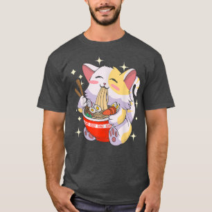 Camiseta Ramen Cat Comendo Noodles Comida Japonês Tee
