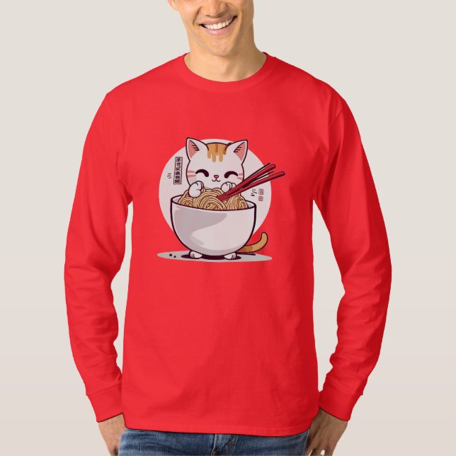 Camiseta Ramen Cat Comendo Noodles Design T Shirt (Frente)