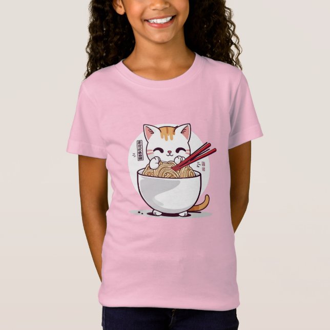 Camiseta Ramen Cat Comendo Noodles Design T Shirt (Frente)
